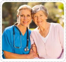 a caretaker wearing stethoscope and her patient