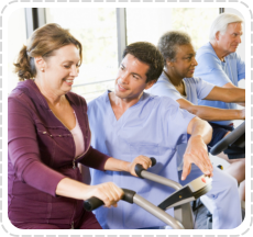 an old woman guided by experts doing physical exercise